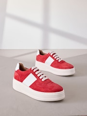 Red Lace Up Signature Premium Leather Chunky Wedge Lace-Up Trainers - Image 2 of 7
