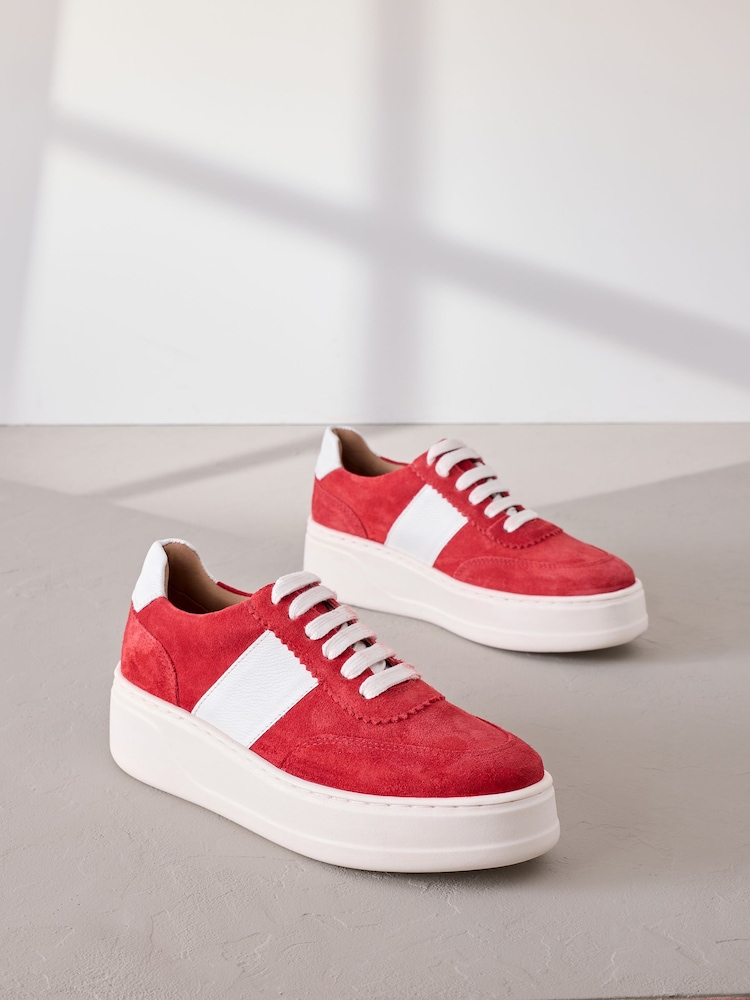 Red Lace Up Signature Premium Leather Chunky Wedge Lace-Up Trainers - Image 2 of 7