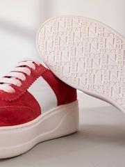 Red Lace Up Signature Premium Leather Chunky Wedge Lace-Up Trainers - Image 5 of 7