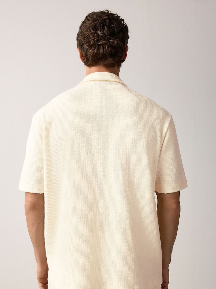 Ecru/Red Cuban Collar Textured Jersey Short Sleeve Shirt - Image 3 of 8