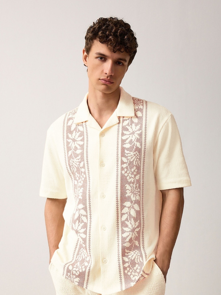 Ecru/Red Cuban Collar Textured Jersey Short Sleeve Shirt - Image 4 of 8