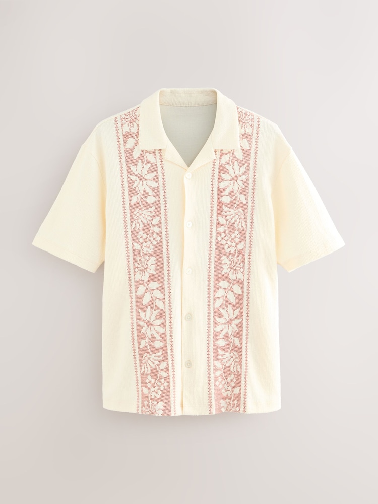 Ecru/Red Cuban Collar Textured Jersey Short Sleeve Shirt - Image 6 of 8