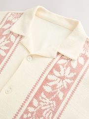 Ecru/Red Cuban Collar Textured Jersey Short Sleeve Shirt - Image 7 of 8