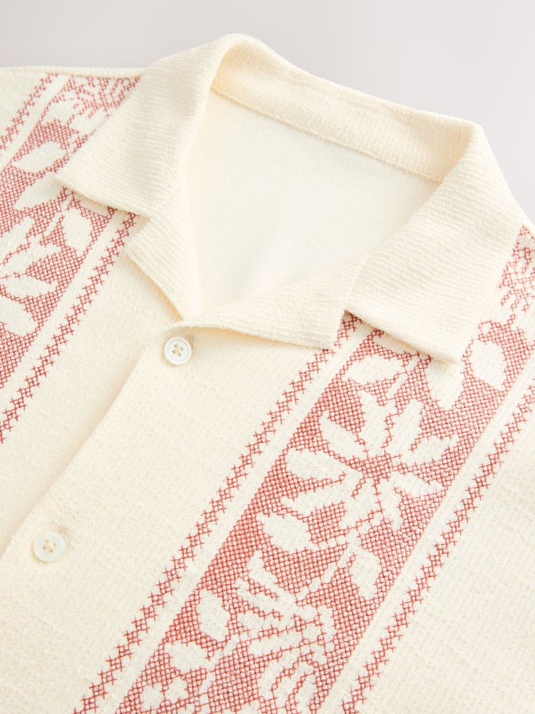 Ecru/Red Cuban Collar Textured Jersey Short Sleeve Shirt - Image 7 of 8