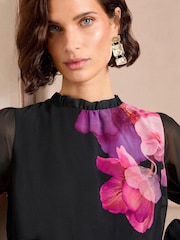 Love & Roses Black Floral Pleated Long Sleeve Mini Dress - Image 3 of 4