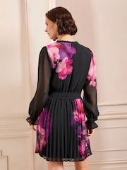 Love & Roses Black Floral Pleated Long Sleeve Mini Dress - Image 4 of 4