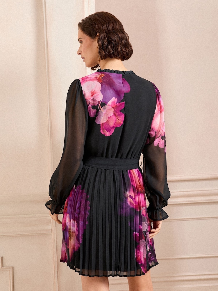 Love & Roses Black Floral Pleated Long Sleeve Mini Dress - Image 4 of 4