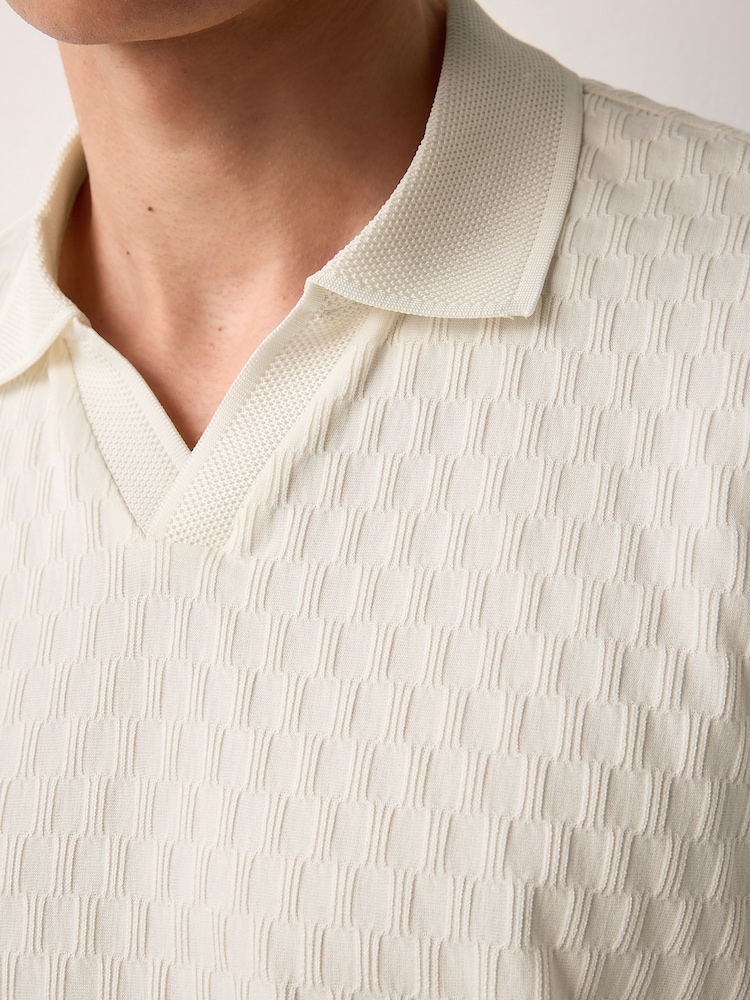 Ecru Cream Textured Cuban Collar 100% Cotton Polo Shirt - Image 5 of 8