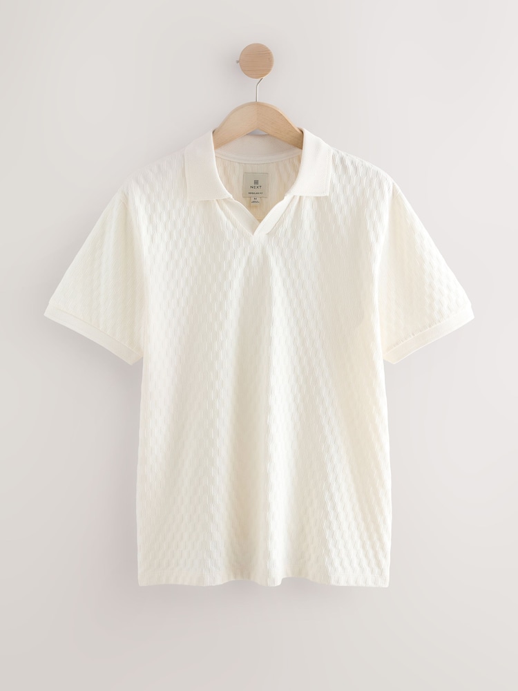 Ecru Cream Textured Cuban Collar 100% Cotton Polo Shirt - Image 6 of 8