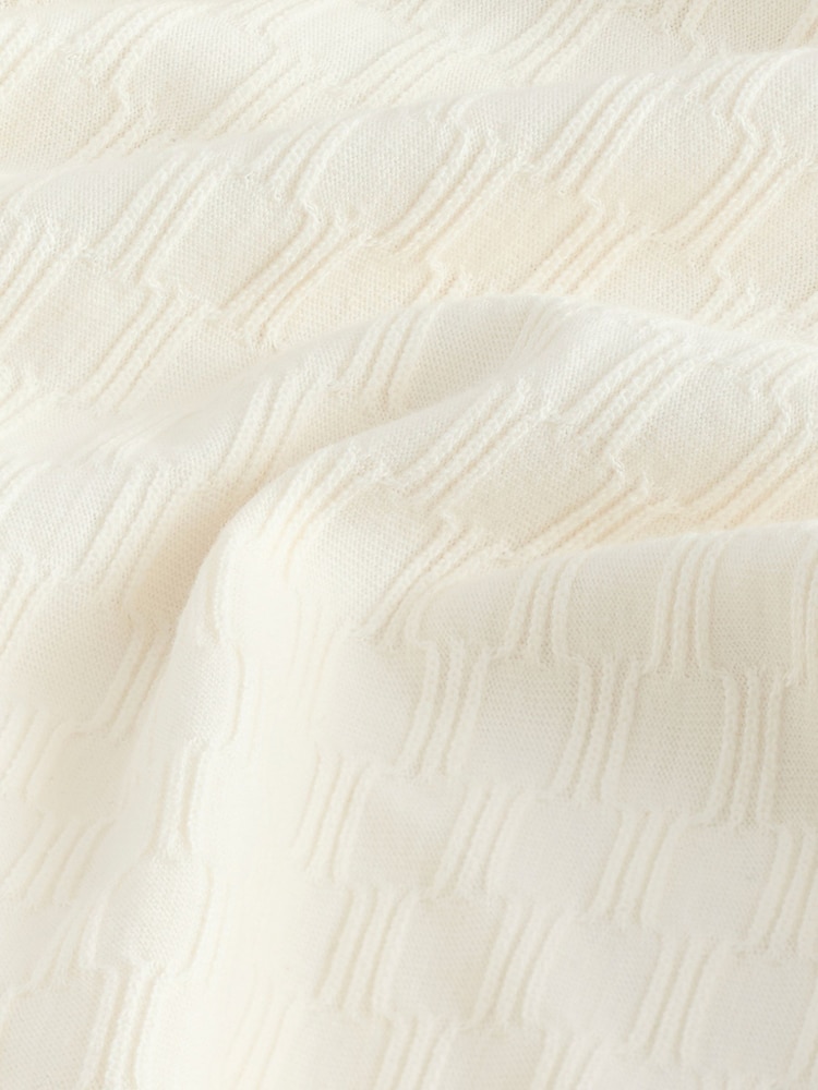Ecru Cream Textured Cuban Collar 100% Cotton Polo Shirt - Image 7 of 8