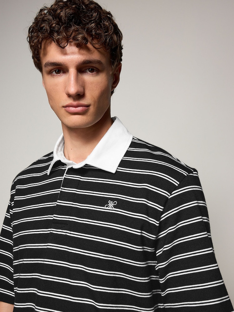 Black Short Sleeve Stripe Rugby 100% Cotton Shirt - Image 1 of 8