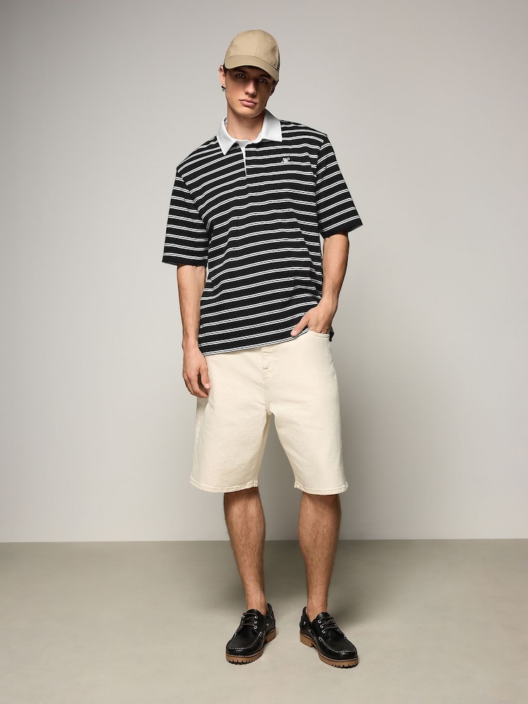 Black Short Sleeve Stripe Rugby 100% Cotton Shirt - Image 2 of 8