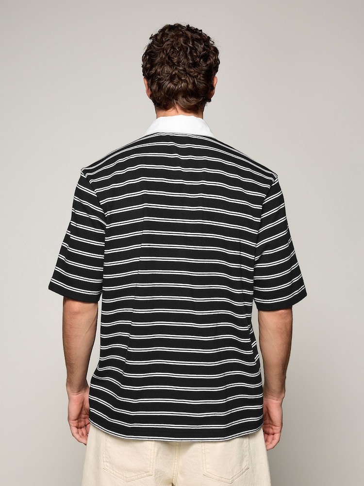 Black Short Sleeve Stripe Rugby 100% Cotton Shirt - Image 3 of 8