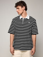 Black Short Sleeve Stripe Rugby 100% Cotton Shirt - Image 4 of 8