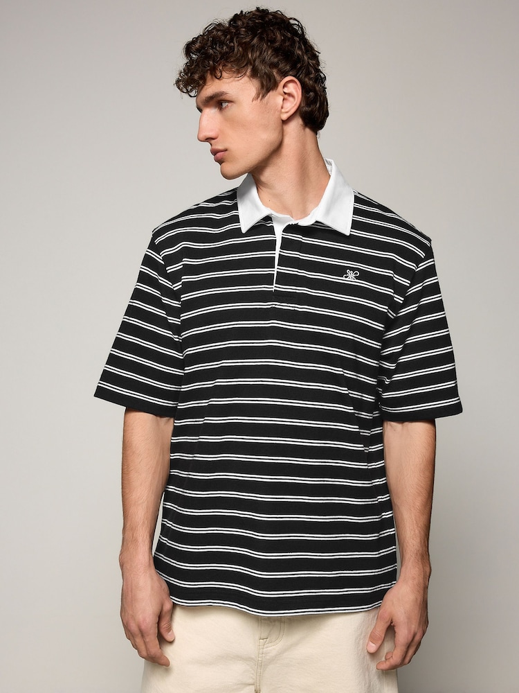 Black Short Sleeve Stripe Rugby 100% Cotton Shirt - Image 4 of 8