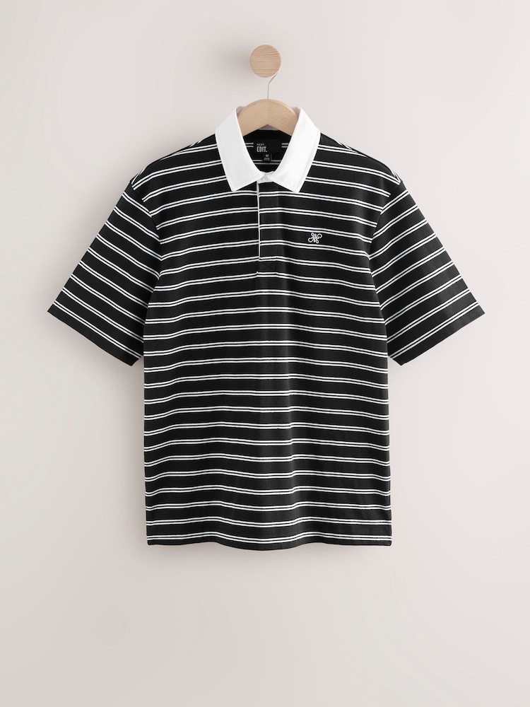 Black Short Sleeve Stripe Rugby 100% Cotton Shirt - Image 6 of 8