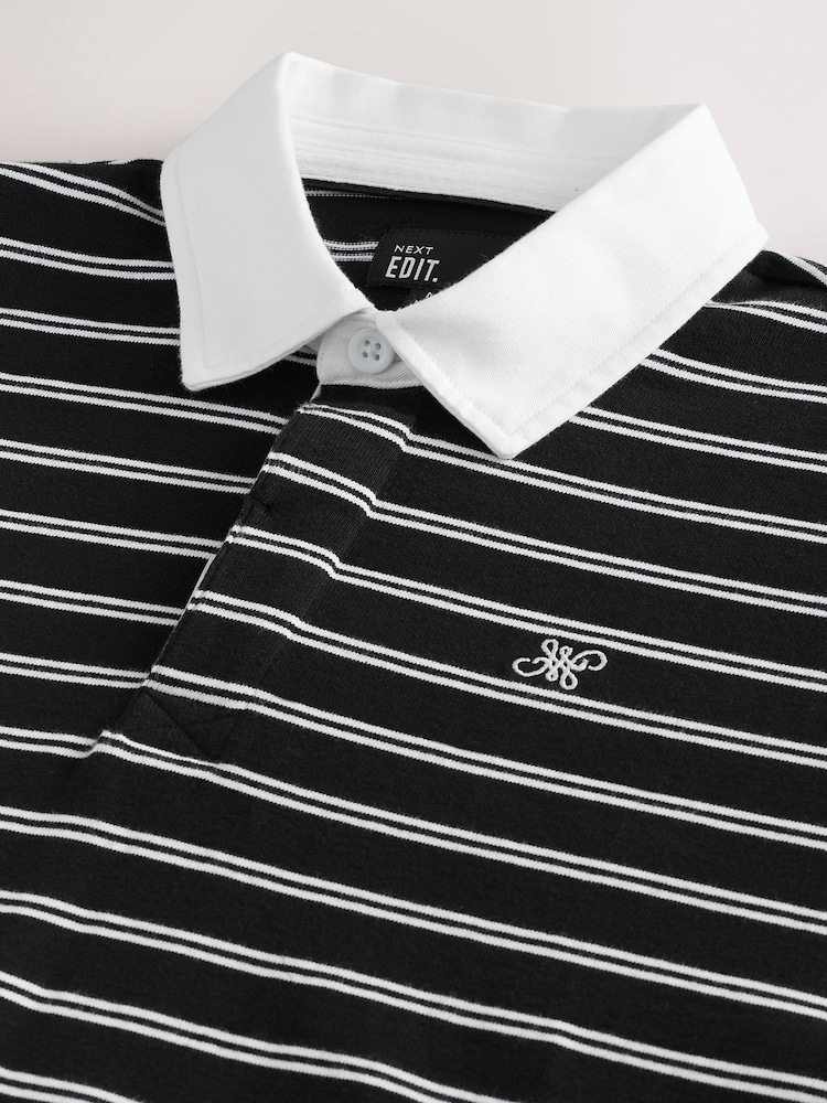 Black Short Sleeve Stripe Rugby 100% Cotton Shirt - Image 7 of 8