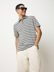 Black/White Textured Stripe Button Neck Polo Shirt - Image 1 of 6