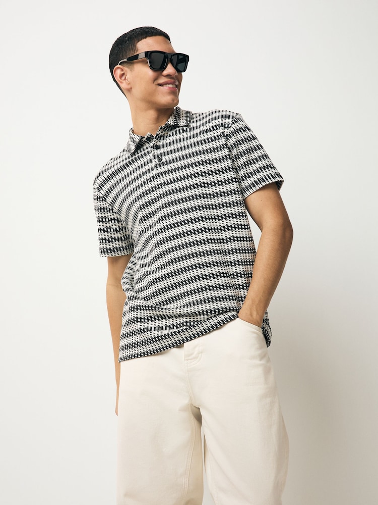 Black/White Textured Stripe Button Neck Polo Shirt - Image 1 of 6