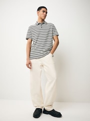Black/White Textured Stripe Button Neck Polo Shirt - Image 2 of 6