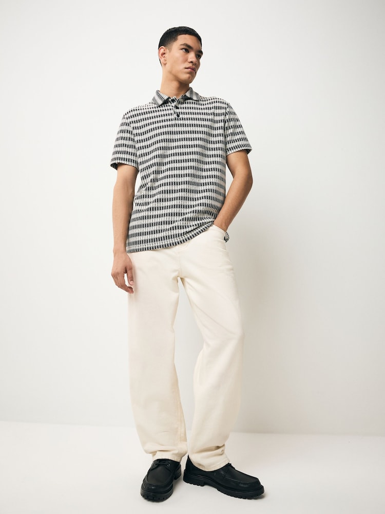 Black/White Textured Stripe Button Neck Polo Shirt - Image 2 of 6