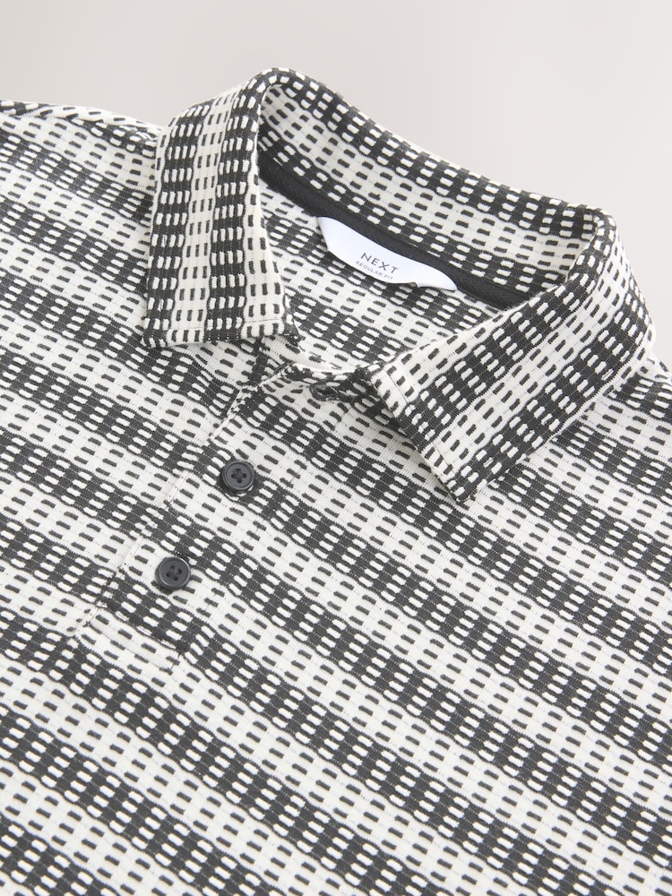 Black/White Textured Stripe Button Neck Polo Shirt - Image 6 of 6