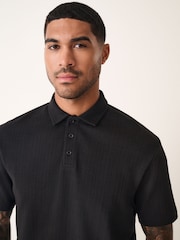 أسود - Crepe Textured Button Neck Polo Shirt - صورة 1 من 5