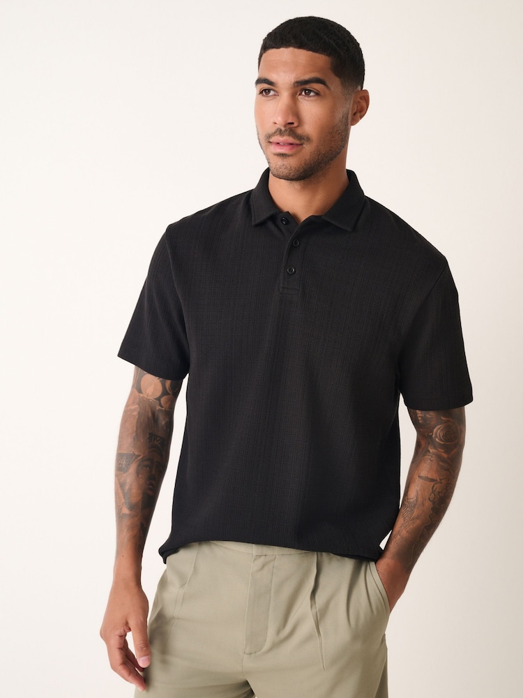 Black Crepe Textured Button Neck Polo Shirt - Image 3 of 8