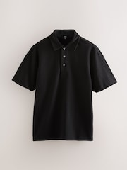 Black Crepe Textured Button Neck Polo Shirt - Image 6 of 8