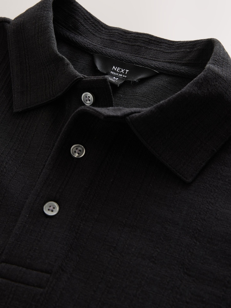 Black Crepe Textured Button Neck Polo Shirt - Image 8 of 8