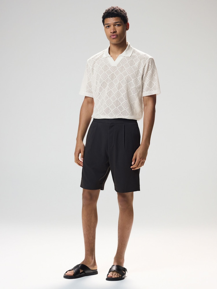 Ecru White Crochet Textured Cuban Collar Polo Shirt - Image 2 of 9