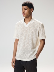 Ecru White Crochet Textured Cuban Collar Polo Shirt - Image 3 of 9
