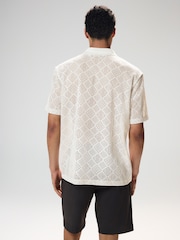 Ecru White Crochet Textured Cuban Collar Polo Shirt - Image 4 of 9