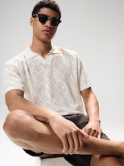 Ecru White Crochet Textured Cuban Collar Polo Shirt - Image 6 of 9