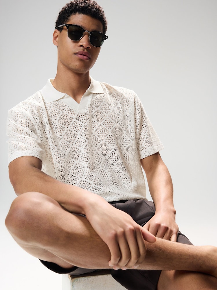 Ecru White Crochet Textured Cuban Collar Polo Shirt - Image 6 of 6