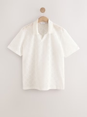 Ecru White Crochet Textured Cuban Collar Polo Shirt - Image 7 of 9