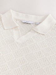 Ecru White Crochet Textured Cuban Collar Polo Shirt - Image 9 of 9