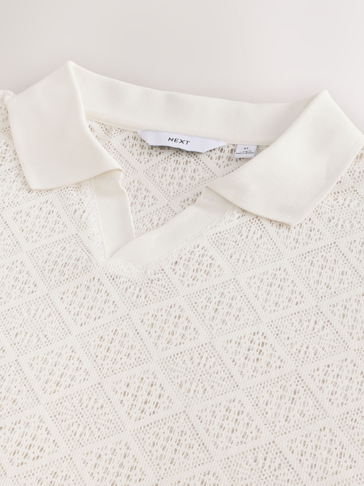 Ecru White Crochet Textured Cuban Collar Polo Shirt - Image 9 of 9