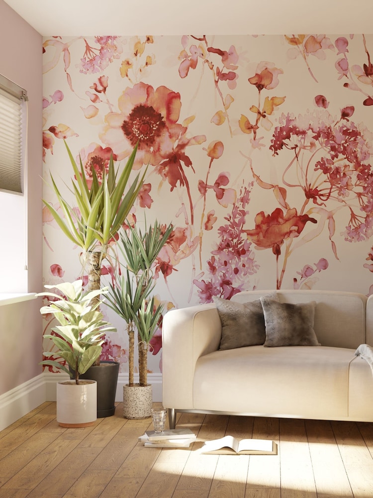 Art For The Home Pink Red Watercolour Floral Fixed Size 4M Mural - Image 1 of 3