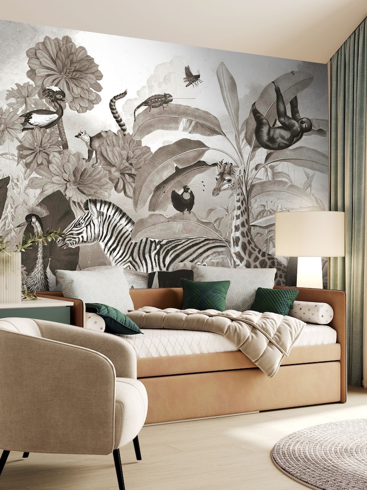 Art For The Home Black And White Jungle Animals Print Fixed Size 3M Mural - Image 1 of 5
