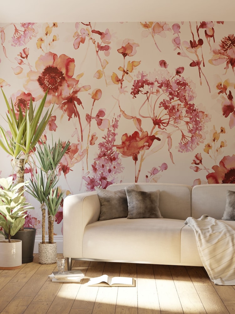 Art For The Home Pink Blue Watercolour Floral Fixed Size 4M Mural - Image 1 of 3