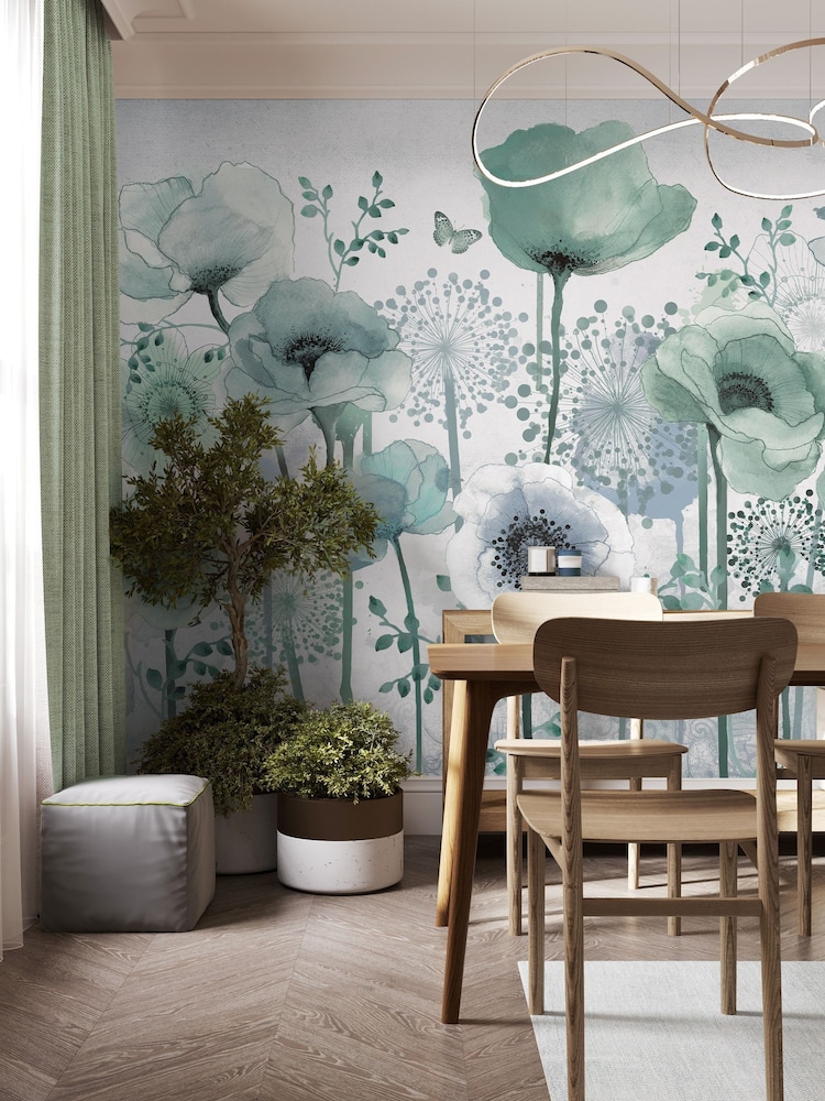 Art For The Home Teal Poppy Fixed Size 4M Mural - Image 1 of 5 Art For The Home Teal Poppy Fixed Size 4M Mural - Image 1 of 5