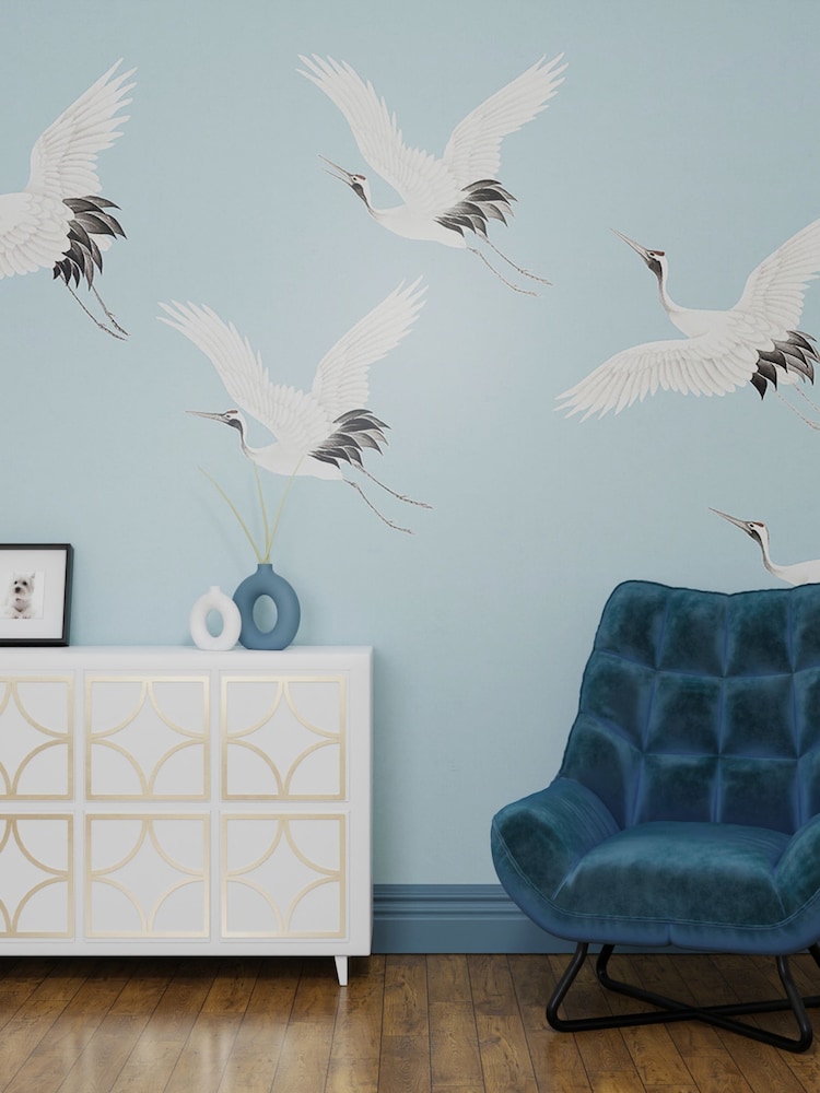 Art For The Home Pale Blue Cranes In Flight Fixed Size 3M Mural - Image 1 of 3