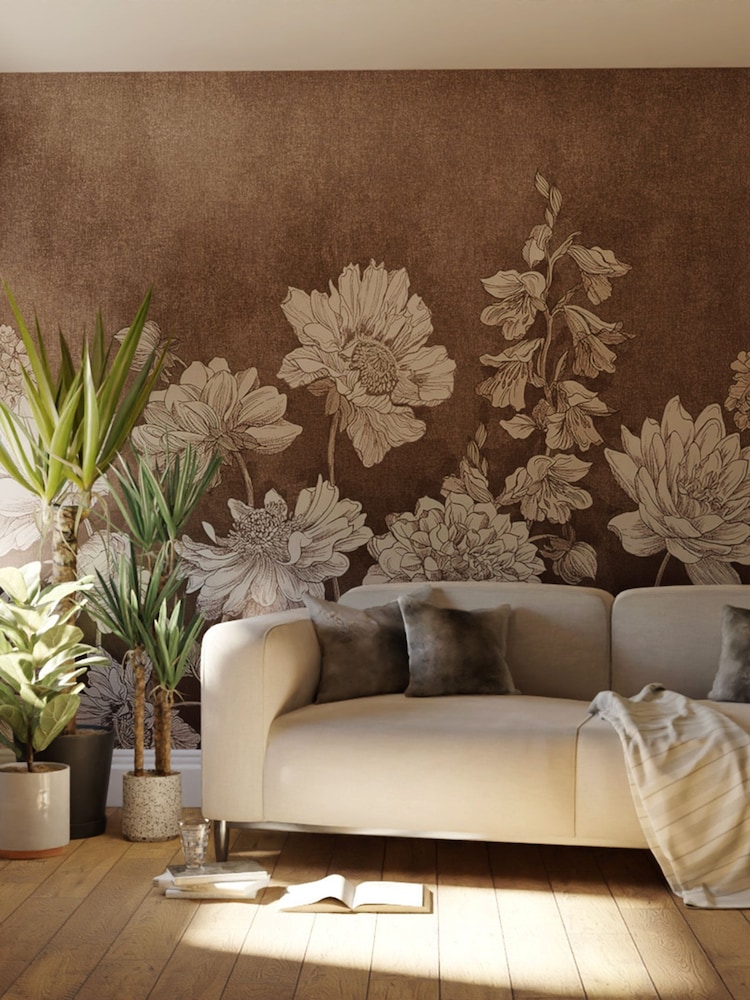 Art For The Home Chocolate Muted Floral Fixed Size 3M Mural - Image 1 of 3 Art For The Home Chocolate Muted Floral Fixed Size 3M Mural - Image 1 of 3