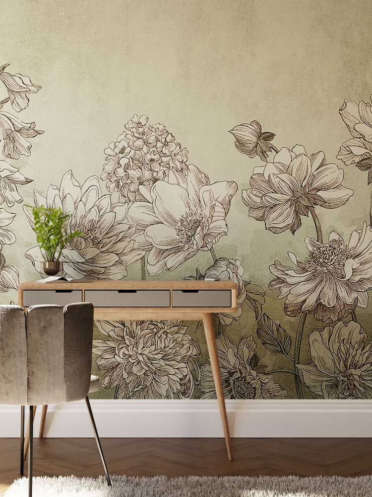 Art For The Home Duck Egg Muted Floral Fixed Size 3M Mural - Image 1 of 3 Art For The Home Duck Egg Muted Floral Fixed Size 3M Mural - Image 1 of 3