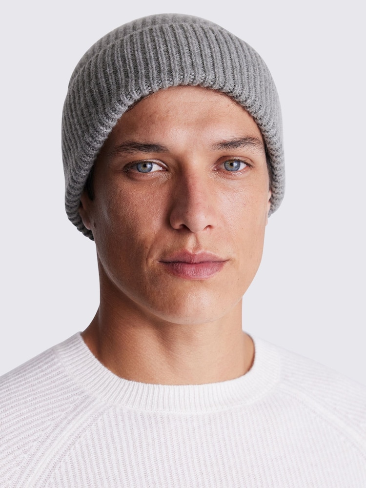 MOSS Grey Chrome Cashmere Blend Ribbed Beanie - Image 1 of 3