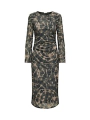 JDY Animal Leopard Print Ruched Mesh Midi Dress - Image 1 of 2