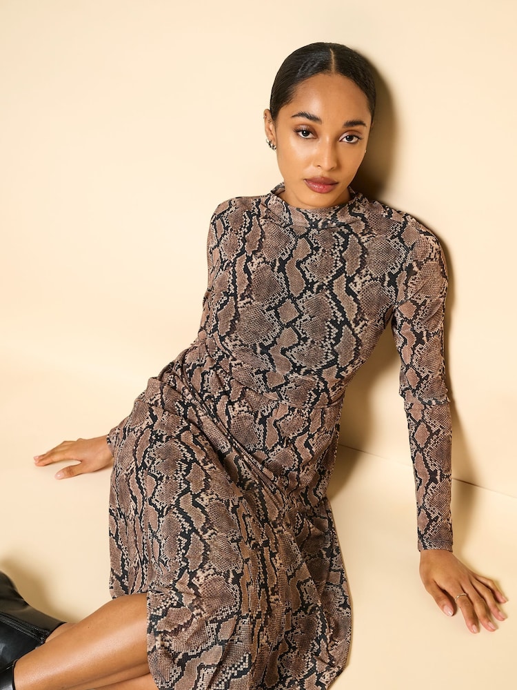 JDY Brown Long Sleeve Snake Print Mesh Midi Dress - Image 1 of 4