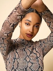 JDY Brown Long Sleeve Snake Print Mesh Midi Dress - Image 2 of 4