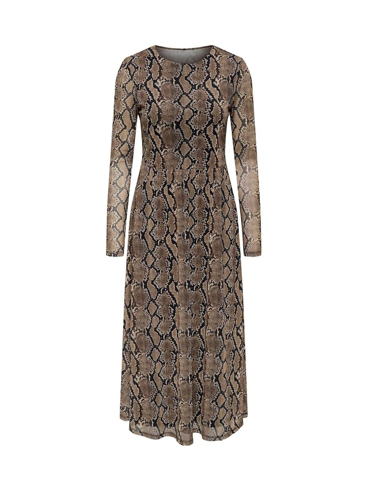 JDY Brown Long Sleeve Snake Print Mesh Midi Dress - Image 3 of 4